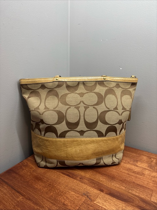 Coach Handbags - Coach Khaki Signature Canvas Tote with Gold Trim